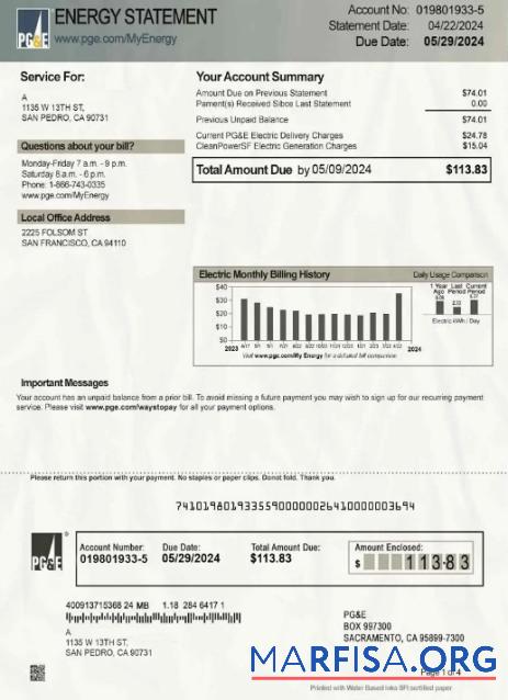 Downloadable Canada PG&E energy bill in PSD format example